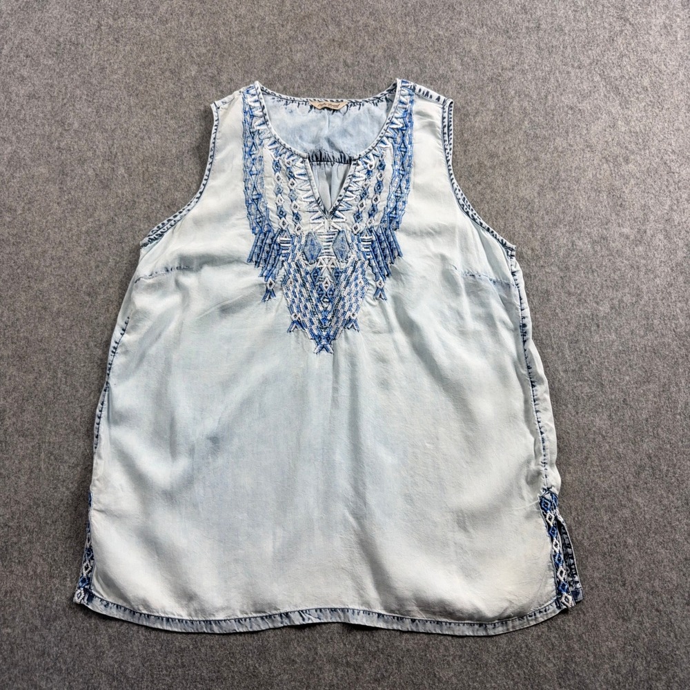 Lucky Brand Womens Blouse Large Light Blue Tencel Embroidered Sleeveless Boho